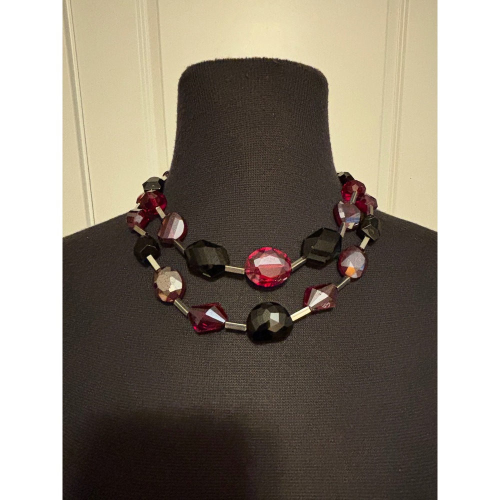 White House Black Market Red Black Bead Double Strand Statement Necklace Silver